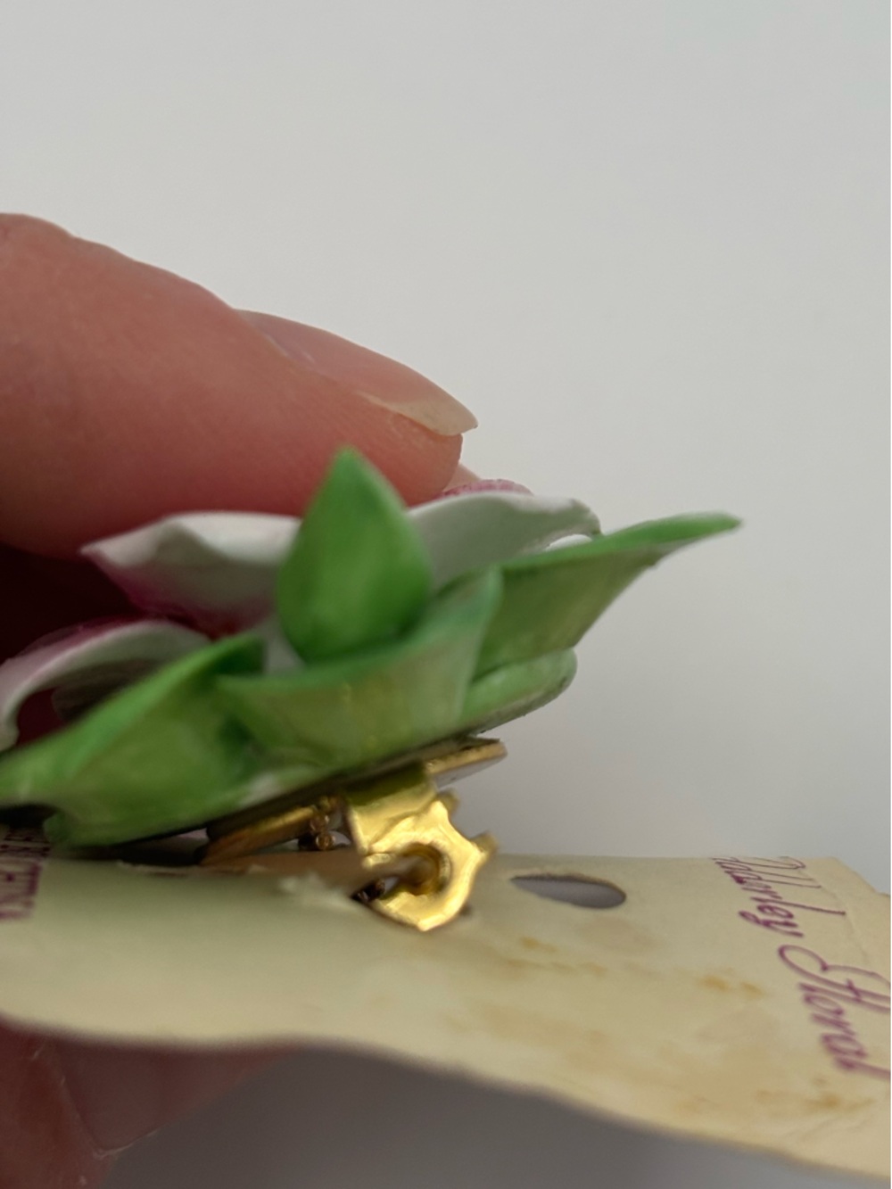 Vintage Royal Adderley Pink Flower Brooch with Green Leaves - Picture 9 of 9